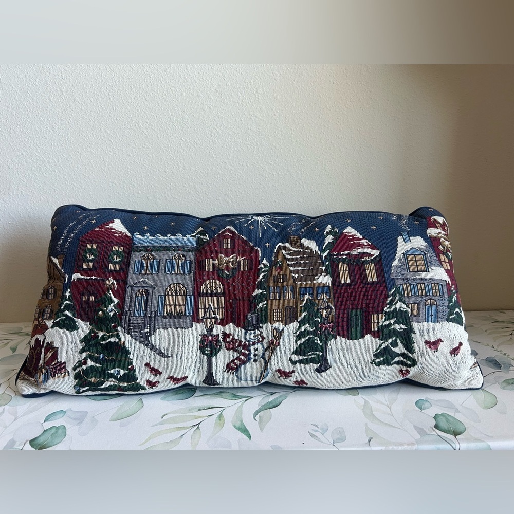 Festive Village Scene Holiday Pillow